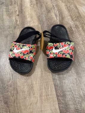 Nike Kids Black Slide Sandals with Red Cherry Print